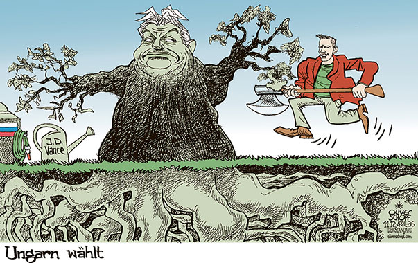 Oliver Schopf, politischer Karikaturist aus Österreich, politische Karikaturen aus Österreich, Karikatur Cartoon Illustrationen Politik Politiker Europa @oliverschopf.bsky.social 2026: UNGARN WAHLEN VIKTOR ORBAN PETER MAGYAR TIEFER STAAT BAUM WURZELN FÄLLEN AXT RUSSLAND JD VANCE GIESSKANNE WASSERSCHLAUCH












 



