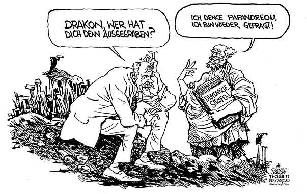 Oliver Schopf, politischer Karikaturist aus Österreich, politische Karikaturen aus Österreich, Karikatur Illustrationen Politik Politiker Europa 2011 griechenland krise schulden euro papandreou drakon strafen


 
   