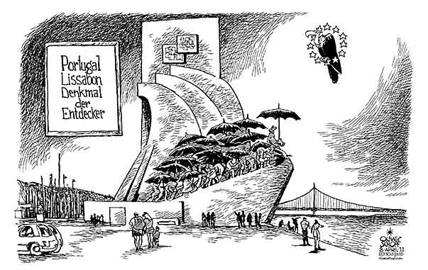 Oliver Schopf, politischer Karikaturist aus Österreich, politische Karikaturen aus Österreich, Karikatur Illustrationen Politik Politiker Europa 2011: portugal lissabon padrão dos descobrimentos rettungsschirm hilfe pleite geier 


 
   