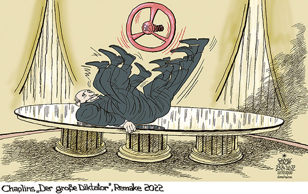Oliver Schopf, politischer Karikaturist aus Österreich, politische Karikaturen aus Österreich, Karikatur Cartoon Illustrationen Politik Politiker Europa 2022: ENERGIE GAS GASLIEFERUNGEN RUSSLAND PUTION CHARLIE CHAPLIN DER GROSS DIKTATOR FILM GASHAHN TISCH



