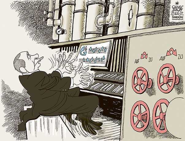 Oliver Schopf, politischer Karikaturist aus Österreich, politische Karikaturen aus Österreich, Karikatur Cartoon Illustrationen Politik Politiker Europa 2022: PUTIN UKRAINEKRIEG ENERGIE GAS GAZPROM NORD STREAM 1 GASHAHN AUFDREHEN ZUDREHEN ORGEL ORGANIST REGISTER PFEIFEN MANUAL 


