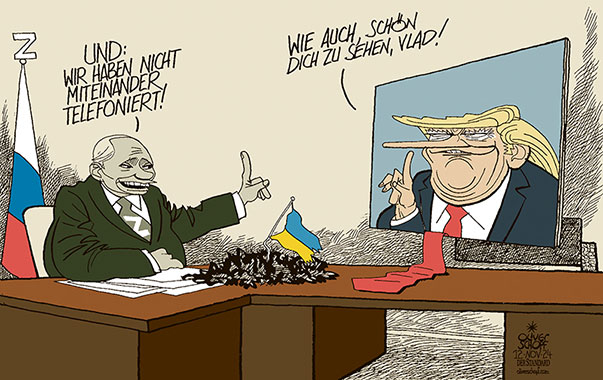 Oliver Schopf, politischer Karikaturist aus Österreich, politische Karikaturen aus Österreich, Karikatur Cartoon Illustrationen Politik Politiker Europa 2024: UKRAINE KRIEG PUTIN TRUMP TELEFONAT TELEFONIEREN DIPLOMATIE VIDEOKONFERENZ VIDEOCALL 





 



