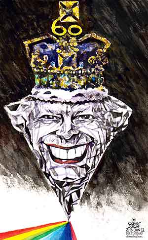 Oliver Schopf, politischer Karikaturist aus Österreich, politische Karikaturen aus Österreich, Karikatur Illustrationen Politik Politiker Europa 2012 GROSSBRITANNIEN COMMONWEALTH LONDON QUEEN ELIZABETH 2 DIAMANT KRONE JUBILAEUM 60 REGENBOGENFARBEN TROOPING THE COLOUR FACETTEN
 
   