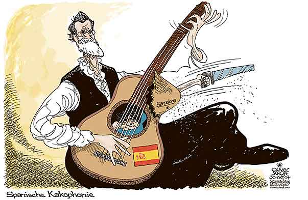  Oliver Schopf, politischer Karikaturist aus Österreich, politische Karikaturen, Illustrationen Archiv politische Karikatur Europa Spanien 2017 KATALONIEN UNABHÄNGIGKEIT SPANIEN RAJOY PUIDGEMONT GITARRE FLAMENCO EINSPERREN SÄGEN AUSBRUCH FLUCHT 


