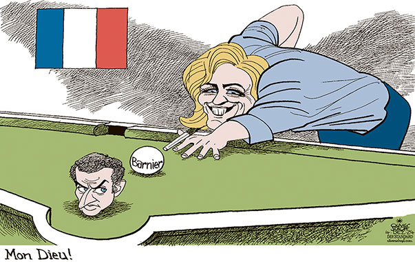 Oliver Schopf, politischer Karikaturist aus Österreich, politische Karikaturen aus Österreich, Karikatur Cartoon Illustrationen Politik Politiker Europa 2024: FRANKREICH REGIERUNG MINDERHEITSREGIERUNG BARNIER STURZ LE PEN MACRON BILLIARD MON DIEU





 



