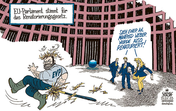 Oliver Schopf, politischer Karikaturist aus Österreich, politische Karikaturen aus Österreich, Karikatur Cartoon Illustrationen Politik Politiker Europa 2023: EU EUROPÄISCHE UNION PARLAMENT STRASSBURG ABSTIMMUNG RENATURIERUNGSGESETZ EVP MANFRED WEBER LANDWIRTSCHAFT MISTGABEL MIST 











