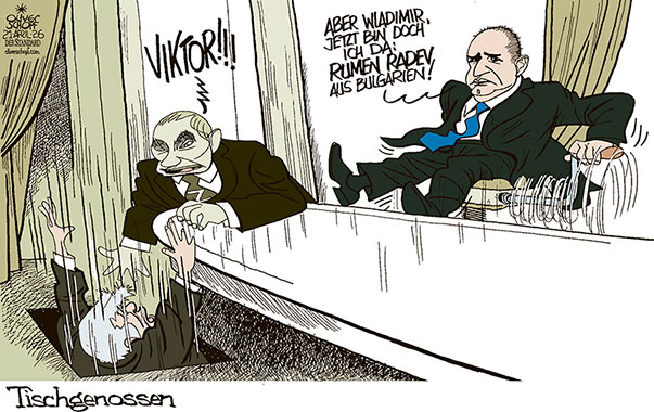 Oliver Schopf, politischer Karikaturist aus Österreich, politische Karikaturen aus Österreich, Karikatur Cartoon Illustrationen Politik Politiker Europa @oliverschopf.bsky.social 2026: BULGARIEN WAHLEN GEWINNER ABSOLUTE MEHRHEIT RUMEN RADEW PUTIN LANGER TISCH ORBAN VERLIERER TISCHGENOSSEN














 



