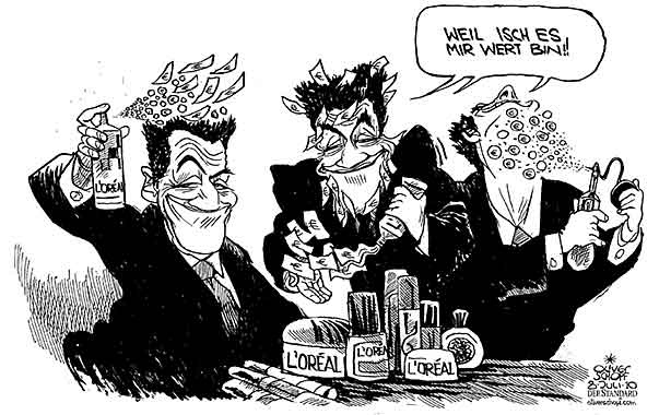  Oliver Schopf, politischer Karikaturist aus Österreich, politische Karikaturen, Illustrationen Archiv politische Karikatur Europa Frankreich  2010 frankreich sarkozy l’oreal wahlspenden beauty spray creme eau de toilette



