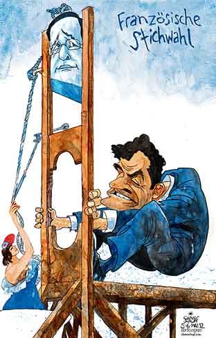  Oliver Schopf, politischer Karikaturist aus Österreich, politische Karikaturen, Illustrationen Archiv politische Karikatur Europa Frankreich 2012 FRANKREICH SARKOZY HOLLANDE WAHLEN STICHWAHL GUILLOTINE MARIANNE 
 

