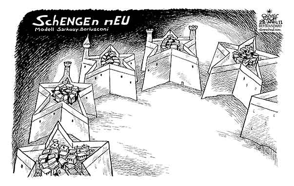  Oliver Schopf, politischer Karikaturist aus Österreich, politische Karikaturen, Illustrationen Archiv politische Karikatur Europa 
2011 schengen grenze festung sarkozy berlusconi sterne 


 
