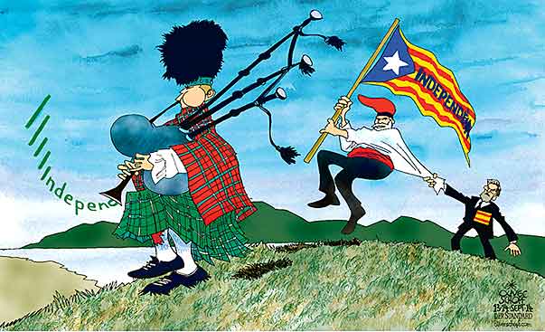  Oliver Schopf, politischer Karikaturist aus Österreich, politische Karikaturen, Illustrationen Archiv politische Karikatur Europa Great Britain UK England Schottland Irland 2014 GROSSBRITANNIEN SCHOTTLAND DUDELSACK UNABHAENGIGKEIT REFERENDUM KATALONIEN RAJOY SPANIEN FUSSSTAPFEN HIGHLANDS MOOR




