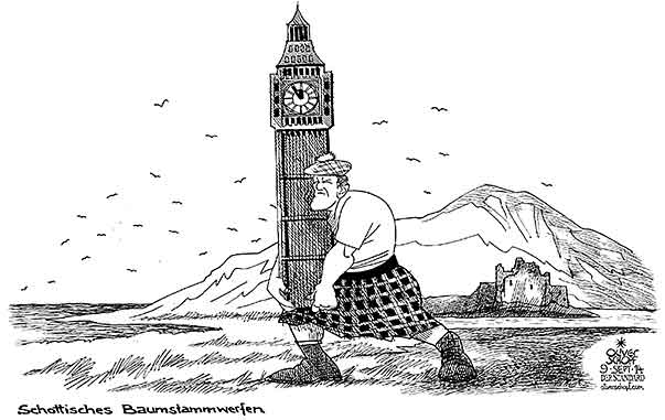 Oliver Schopf, politischer Karikaturist aus Österreich, politische Karikaturen, Illustrationen Archiv politische Karikatur Europa Great Britain UK England Schottland Irland 2014 SCHOTTLAND UNABHAENGIGKEIT REFERENDUM BAUMSTAMMWERFEN HIGHLAND GAMES BIG BEN 



