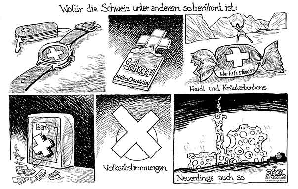 Oliver Schopf, politischer Karikaturist aus Österreich, politische Karikaturen aus Österreich, Karikatur Illustrationen Politik Politiker Europa 2009: schweiz, volksabstimmung, minarette, uhr, messer, schokolade, tresor, kaese
   