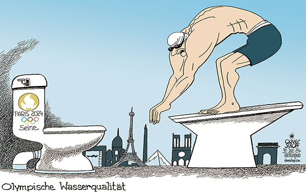 Oliver Schopf, politischer Karikaturist aus Österreich, politische Karikaturen aus Österreich, Karikatur Cartoon Illustrationen Politik Politiker Europa 2024: OLYMPISCHE SPIELE PARIS SEINE WASSERQUALITÄT SCHWIMMEN SCHWIMMER TRIATHLON ABWASSER WC KLOSETT KLOMUSCHEL 


 















