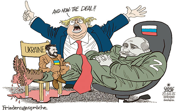 Oliver Schopf, politischer Karikaturist aus Österreich, politische Karikaturen aus Österreich, Karikatur Cartoon Illustrationen Politik Politiker Europa @oliverschopf.bsky.social 2025: UKRAINE FRIEDEN SELENSKYJ PUTIN TRUMP TREFFEN GIPFEL VERHANDLUNGEN GESPRÄCHE GEBIETE DONBAS LUHANSK KRIEG BLUT DEAL STUHL STIEFEL 









 



