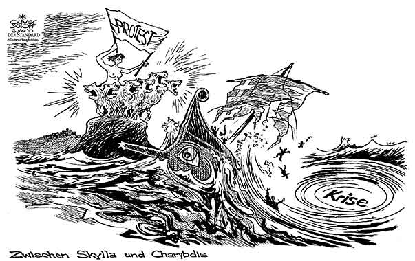 Oliver Schopf, politischer Karikaturist aus Österreich, politische Karikaturen aus Österreich, Karikatur Illustrationen Politik Politiker Europa 2010: griechenland krise protest odyssee skylla charibdis schiff galeere meer


 
   