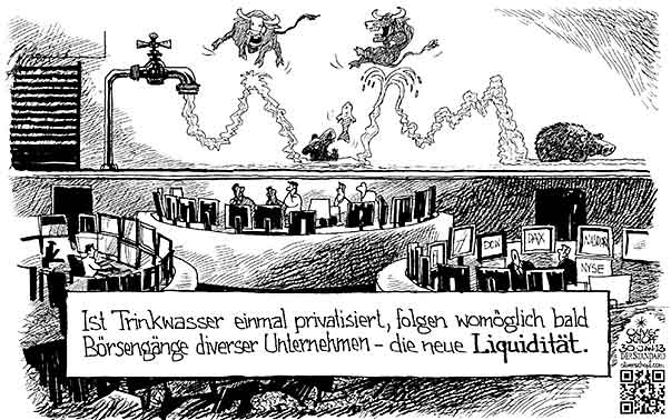 Oliver Schopf, editorial cartoons from Austria, cartoonist from Austria, Austrian illustrations, illustrator from Austria, editorial cartoon politics politician Europe, Cartoon Arts International, New York Times Syndicate, Cagle cartoon 2013   EU EUROPEAN UNION DRINKING WATER PRIVATISATION STOCK MARKET LIQUIDITY BULL BEAR 




