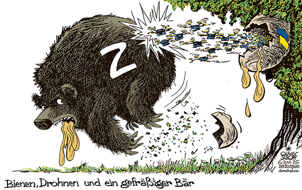 Oliver Schopf, politischer Karikaturist aus Österreich, politische Karikaturen aus Österreich, Karikatur Cartoon Illustrationen Politik Politiker Europa @oliverschopf.bsky.social 2025: UKRAINE KRIEG RUSSLAND DROHNEN DROHNENANGRIFF BIENEN STECHEN  BIENENSTOCK RUSSICHER BÄR HONIG GEFRÄSSIG GIERIG









 



