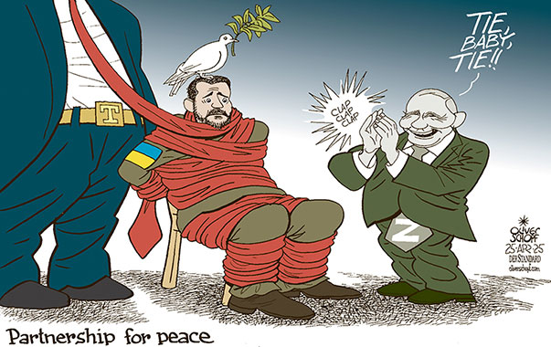 Oliver Schopf, editorial cartoons from Austria, cartoonist from Austria, Austrian illustrations, illustrator from Austria, editorial cartoon politics politician Europe, Cartoon Movement, @oliverschopf.bsky.social 2025:
UKRAINE PEACE DEAL TRUMP PUTIN ZELENSKY TIE DOVE DICTATED PEACE PARTNERSHIP FOR PEACE





















