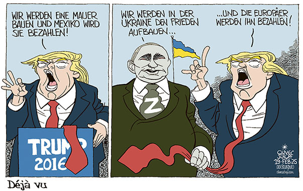 Oliver Schopf, politischer Karikaturist aus Österreich, politische Karikaturen aus Österreich, Karikatur Cartoon Illustrationen Politik Politiker Europa @oliverschopf.bsky.social 2025: UKRAINE FRIEDE FRIEDENSVERHANDLUNGEN TRUMP PUTIN MEXIKO MAUER BEZAHLEN EUROPÄISCHE UNION EU 





 



