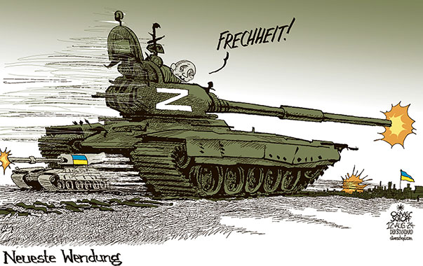 Oliver Schopf, politischer Karikaturist aus Österreich, politische Karikaturen aus Österreich, Karikatur Cartoon Illustrationen Politik Politiker Europa 2024: UKRAINE KRIEG RUSSLAND PUTIN SPEZIALOPERATION GEGENANGRIFF GEGENOFFENSIVE OBLAST KURSK PANZER Z 


 















