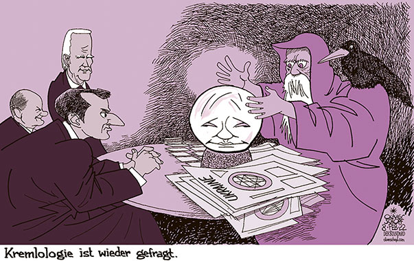 Oliver Schopf, politischer Karikaturist aus Österreich, politische Karikaturen aus Österreich, Karikatur Cartoon Illustrationen Politik Politiker Europa 2022: UKRAINE KONFLIKT RUSSLAND PUTIN KREMLOLOGIE KREMLASTROLOGIE WAHRSAGEN ZUKUNFT MAGIER ZAUBERER HEXER GLASKUGEL MACRON OLAF SCHOLZ JOE BIDEN 







