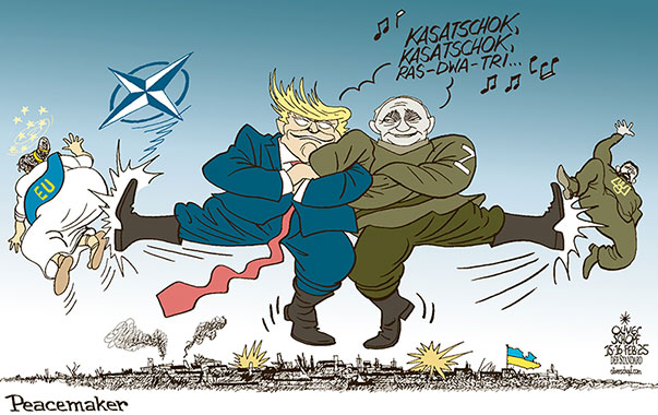 Oliver Schopf, politischer Karikaturist aus Österreich, politische Karikaturen aus Österreich, Karikatur Cartoon Illustrationen Politik Politiker Europa @oliverschopf.bsky.social 2025: UKRAINE FRIEDEN TRUMP PUTIN SELENSKIJ EU NATO KASATSCHOK TANZ PEACEMAKER 





 



