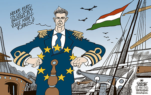 Oliver Schopf, politischer Karikaturist aus Österreich, politische Karikaturen aus Österreich, Karikatur Cartoon Illustrationen Politik Politiker Europa @oliverschopf.bsky.social 2026: UNGARN PETER MAGYAR WAHL MINISTERPRÄSIDENT STEUERMANN KAPITÄN SCHIFF STEUER EUROPÄISCHE UNION STERNE 














 



