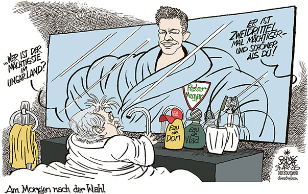 Oliver Schopf, politischer Karikaturist aus Österreich, politische Karikaturen aus Österreich, Karikatur Cartoon Illustrationen Politik Politiker Europa @oliverschopf.bsky.social 2026: UNGARN WAHL ORBÁN PETER MAGYAR WAHLSIEGER ZWEIDRITTEL MEHRHEIT BADEZIMMER SPIEGEL SPIEGLEIN AN DER WAND WER IST DIE SCHÖNSTE IM GANZEN LAND 












 



