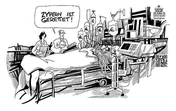 Oliver Schopf, politischer Karikaturist aus Österreich, politische Karikaturen aus Österreich, Karikatur Illustrationen Politik Politiker Europa 2013 EU EURO KRISE ZYPERN BANKEN RETTEN SPITAL 
INTENSIVSTATION INFUSION ARZT 

   