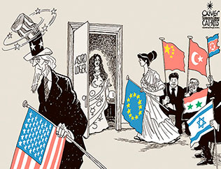 Oliver Schopf, editorial cartoons from Austria, cartoonist from Austria, Austrian illustrations, illustrator 2019 USA UNCLE SAM EUROPEAN UNION CHINA TURKEY SYRIA ISRAEL NORTH KOREA ASTROLOGER HOROSCOPE STARS FLAGS NEW YEAR’S EVE