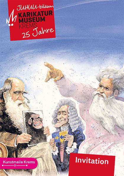 Oliver Schopf, politischer Karikaturist aus Österreich, politische Karikaturen aus Österreich, Karikatur Wissenschaft und Forschung  Einladung zur Ausstellung im Karikaturmuseum Kremsstadt 2026 Kunstmeile Krems Welt Religion & Ethik Charles Darwin Gott  2009 Darwinjubiläum Jubiläumsjahr Evolutionslehre versus Kreationismus Newton Charles Darwin Evolution 