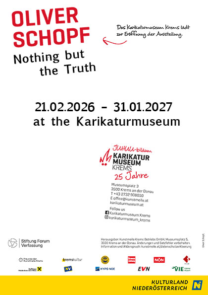 Oliver Schopf, politischer Karikaturist aus Österreich, politische Karikaturen aus Österreich, Karikatur Einladung zur Ausstellung im Karikaturmusem Kremsstadt 2026 Kunstmeile Krems