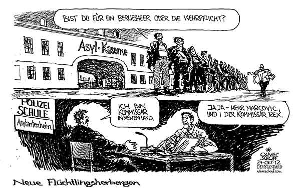  Oliver Schopf, politischer Karikaturist aus Österreich, politische Karikaturen, Illustrationen Archiv politische Karikatur Asylrecht Migration in Österreich  2012 ASYL ASYLANTEN HEIM FLUECHTLINGE KASERNE POLIZEISCHULE AUFNAHME UNTERBRINGUNG


