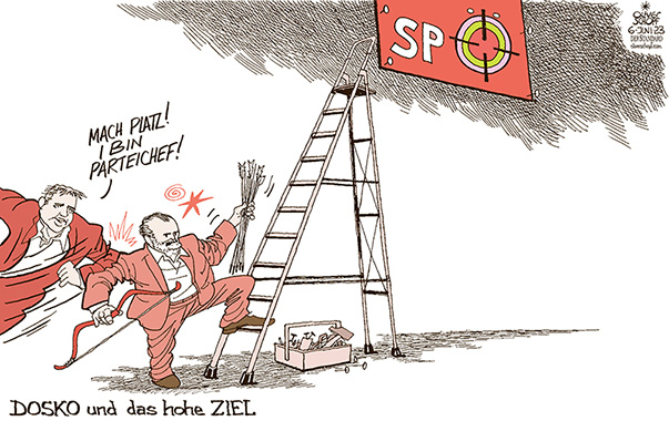 Oliver Schopf, politischer Karikaturist aus Österreich, politische Karikaturen aus Österreich, Karikatur Cartoon Illustrationen Politik Politiker Österreich 2023: SPÖ PARTEIVORSITZ ANDREAS BABLER HANS PETER DOSKOZIL AUSZÄHLUNG TECHNISCHER FEHLER CHAOS ZIELSCHEIBE DREIERKOALITION ROT GRÜN PINK STEHLEITER BOGENSCHIESSEN REMPELN PLATZ MACHEN

