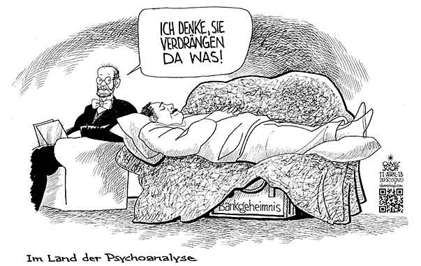  Oliver Schopf, politischer Karikaturist aus Österreich, politische Karikaturen, Illustrationen Archiv politische Karikatur Österreich Wirtschaft  und Finanzen 2013 BANKGEHEIMNIS GELD EURO STEUEROASE PSYCHOANALYSE SIGMUND FREUD BERGGASSE COUCH VERDRAENGEN THERAPIE 





