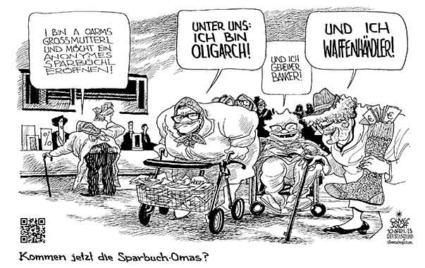  Oliver Schopf, politischer Karikaturist aus Österreich, politische Karikaturen, Illustrationen Archiv politische Karikatur Österreich Wirtschaft  und Finanzen 2013 BANKGEHEIMNIS SPARBUCH OMA GROSSMUTTER GELD SCHWARZGELD ANLAGE STEUEROASE OFFSHORE LEAKS OLIGARCH WAFFENHAENDLER





