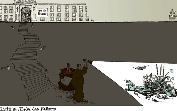 Oliver Schopf, politischer Karikaturist aus Österreich, politische Karikaturen aus Österreich, Karikatur Cartoon Illustrationen Politik Politiker Österreich 2021: BUNDESMINISTERIUM FÜR FINANZEN REVISIONSBERICHT KORRUPTION FINANZMINISTER BLÜMEL SEBASTIAN KURZ INSERATE STEUERGELD WKStA DURCHLEUCHTEN KELLER SUMPF TÜRKIS LICHT TASCHENLAMPE




