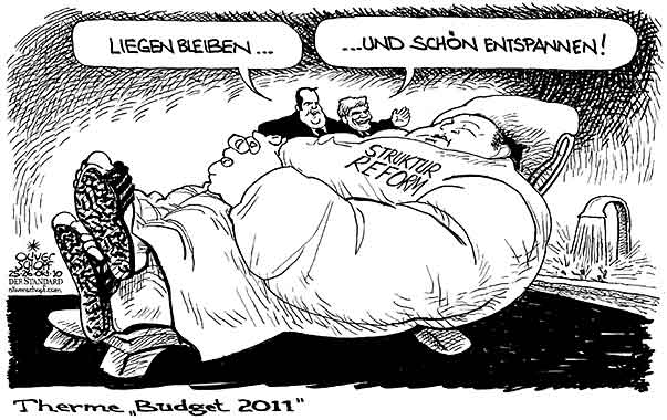 Oliver Schopf, politischer Karikaturist aus Österreich, politische Karikaturen aus Österreich, Karikatur, Illustrationen Politik Politiker Österreich 2010: budget therme struktur reform faymann proell entspannung wellness