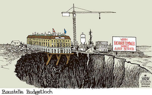 Oliver Schopf, politischer Karikaturist aus Österreich, politische Karikaturen aus Österreich, Karikatur Cartoon Illustrationen Politik Politiker Österreich 2024: REGIERUNG KOALITION ÖVP DIE GRÜNEN BUDGET BUDGETLOCH DEFIZIT SCHULDEN BAUSTELLE BUNDESKANZLERAMT WIEN FACHKRÄFTEMANGEL UNDER CONSTRUCTION



