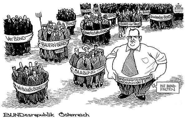 Oliver Schopf, politischer Karikaturist aus Österreich, politische Karikaturen aus Österreich, Karikatur, Illustrationen Politik Politiker Österreich 2010: bund buende proell oevp struktur