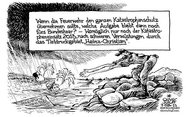 Oliver Schopf, politischer Karikaturist aus Österreich, politische Karikaturen aus Österreich, Karikatur, Illustrationen Politik Politiker Österreich 2011: bundesheer katastropheneinsatz feuerwehr hochwasser faymann proell

 
  