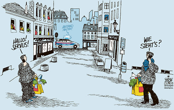 Oliver Schopf, politischer Karikaturist aus Österreich, politische Karikaturen aus Österreich, Karikatur Cartoon Illustrationen Politik Politiker Österreich 2020 : DER STANDARD SÜDDEUTSCHE ZEITUNG 2020: CORONAVIRUS SARS COV-2 COVID-19 VERSAMMLUNGSVERBOT POLIZEI ÜBERWACHUNG AUSGEHVERBOT AUSGANGSSPERRE EINKAUFEN MINDESTABSTAND HANDY TELEFONIEREN KOMMUNIKATION QUARANTÄNE LEERE STRASSEN 
