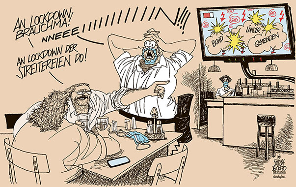  Oliver Schopf, politischer Karikaturist aus Österreich, politische Karikaturen, Illustrationen Archiv politische Karikatur Österreich 2020: CORONAVIRUS KRISE SARS-CoV-2 COVID-19 WIRTSCHAFT GASTRONOMIE LOCKDOWN HERBST BUNDESREGIERUNG BUNDESLÄNDER GEMEINDEN KOMMUNEN STREIT GEMEINSAME STRATEGIE BEISL WIRTSHAUS WIRT KELLNER MASKE TV GERÄT FERNSEHEN 

