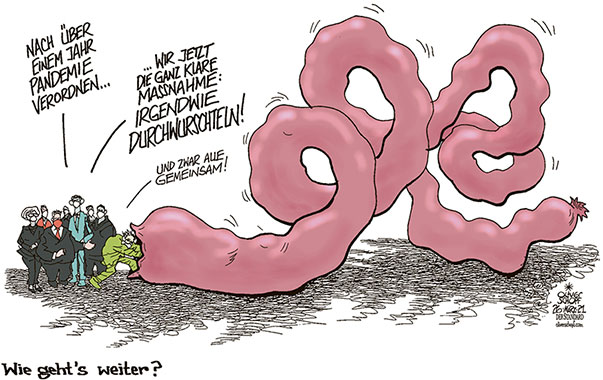 Oliver Schopf, politischer Karikaturist aus Österreich, politische Karikaturen aus Österreich, Karikatur Cartoon Illustrationen Politik Politiker Österreich 2021: CORONAVIRUS KRISE SARS-CoV-2 COVID-19 MASSNAHMEN VERORDNUNGEN OSTERRUHE LOCKDOWN WIEN NIEDERÖSTERREICH BURGENLAND LUDWIG MIKL-LEITNER DOSKOZIL KURZ ANSCHOBER BUND LÄNDER LANDESHAUPTLEUTE CHAOS WURST WURSCHT DURCHWURSCHTELN
