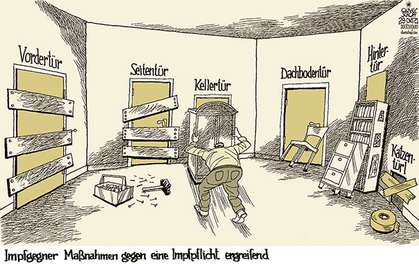 Oliver Schopf, politischer Karikaturist aus Österreich, politische Karikaturen aus Österreich, Karikatur Cartoon Illustrationen Politik Politiker Österreich 2021: CORONA VIRUS PANDEMIE SARS-CoV-2 COVID-19 IMPFPFLICHT VORDERTÜR HINTERTÜR IMPFGEGNER IMPFVERWEIGERER MASSNAHMEN WOHNUNG TÜREN VERBARRIKADIEREN KATZENTÜRL
