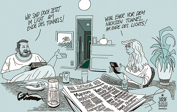 Oliver Schopf, politischer Karikaturist aus Österreich, politische Karikaturen aus Österreich, Karikatur Cartoon Illustrationen Politik Politiker Österreich 2021: CORONAVIRUS CRISIS SARS-CoV-2 COVID-19 LICHT AM ENDE DES TUNNELS MASSNAHMEN INFEKTIONSZAHLEN IMPFPFLICHT MACRON GRIECHENLAND PFLEGE EIGENVERANTWORTUNG JOHNSON TAG DER FREIHEIT DELTA VARIANTE 
