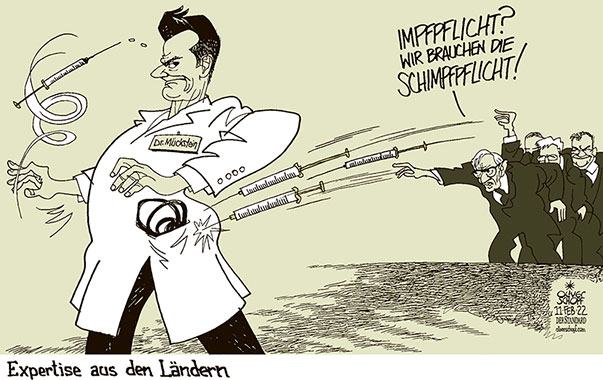 Oliver Schopf, politischer Karikaturist aus Österreich, politische Karikaturen aus Österreich, Karikatur Cartoon Illustrationen Politik Politiker Österreich 2022: CORONAVIRUS PANDEMIE SARS-CoV-2 COVID-19 IMPFPFLICHT REGIERUNG WOLFGANG MÜCKSTEIN LANDESHAUPTLEUTE WILFRIED HASLAUER PETER KAISER THOMAS STELZER KRITIK SCHIMPFEN SSCHIMPFPFLICHT




