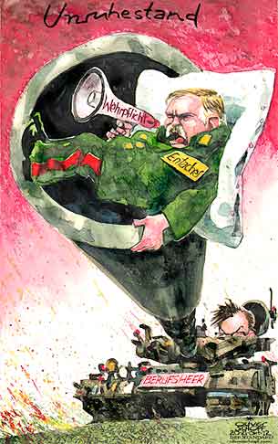  Oliver Schopf, politischer Karikaturist aus Österreich, politische Karikaturen, Illustrationen Archiv politische Karikatur Österreich Bundesheer
2012  BUNDESHEER DARABOS NORBERT ENTACHER EDMUND GENERALSTABSCHEF BERUFSHEER WEHRPFLICHT PANZER RUHESTAND QUER LEGEN MEGAFON 

