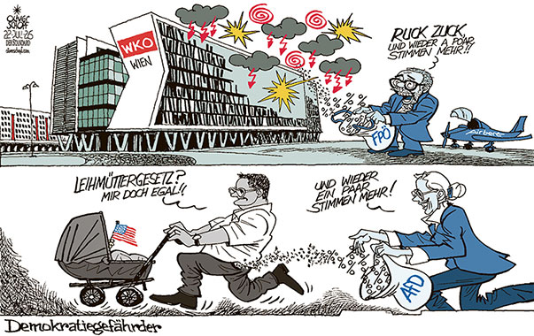 Oliver Schopf, politischer Karikaturist aus Österreich, politische Karikaturen aus Österreich, Karikatur Cartoon Illustrationen Politik Politiker Österreich Cartoon Movement, @oliverschopf.bsky.social 2026: WKO WIEN WALTER RUCK POSTENSCHACHER VETTERNWIRTSCHAFT DEMOKRATIE DEMOKRATIEGEFÄHRDUNG FPÖ KICKL AIRBERT UMFRAGEN STIMMEN PROZENTE EINSACKEN JENS SPAHN LEIHMUTTER GESETZ CDU RÜCKTRITT FRAKTION AFD ALICE WEIDEL














































